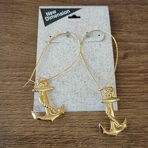 Vintage New Dimension Gold Tone Anchor Dangle Earrings Preppy Sailor